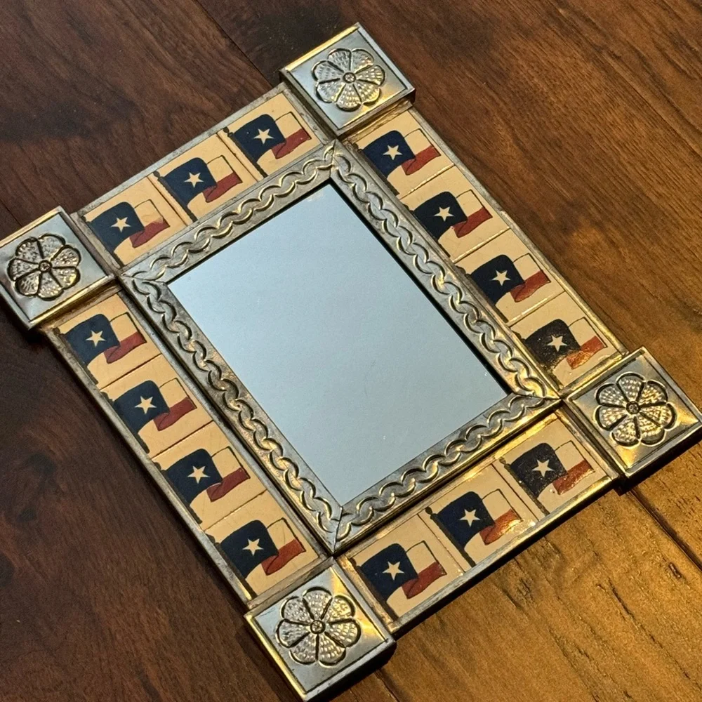 Hanging Punched Tin Mexican Folk Art 11x13 Table Mirror with Texas Flag Tiles